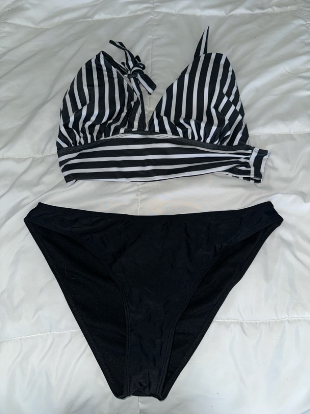 Striped Black & White Bikini Set - Classic Two-Piece Swimwear